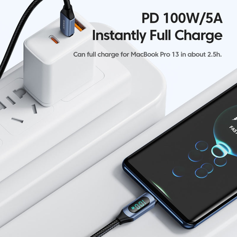  PD 100W USB C Cable 5A Type C to C Fast Charging Cable 3.9Ft LED Display Cable Nylon Braided USB C 480Mbps Data Cable Compatible with MacBook Pro/iPad Pro/iPad Air/Switch/GalaxyS20,S20+/Mate